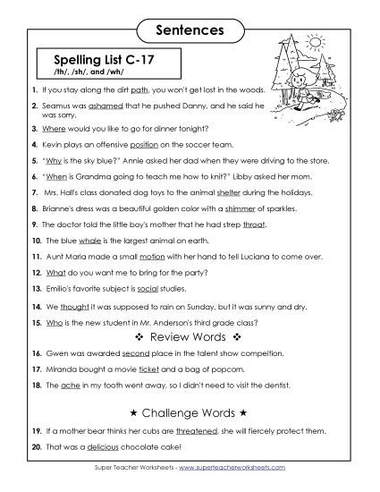Spelling Test - Spelling Test Sentences (C-17) (Printable PDF Worksheet)