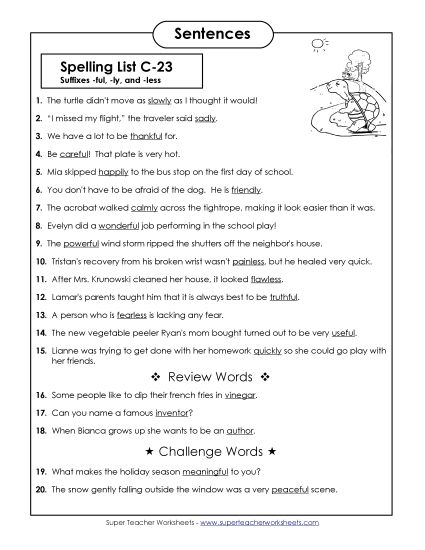 Spelling Test - Spelling Test Sentences (C-23) (Printable PDF Worksheet)