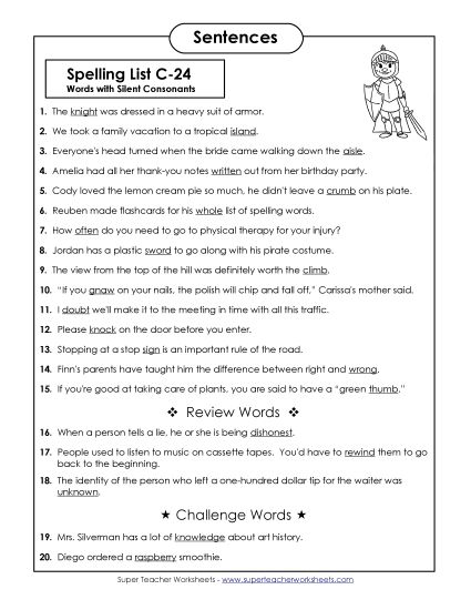 Spelling Test - Spelling Test Sentences (C-24) (Printable PDF Worksheet)
