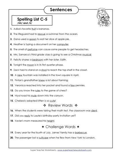 Spelling Test - Spelling Test Sentences (C-5) (Printable PDF Worksheet)
