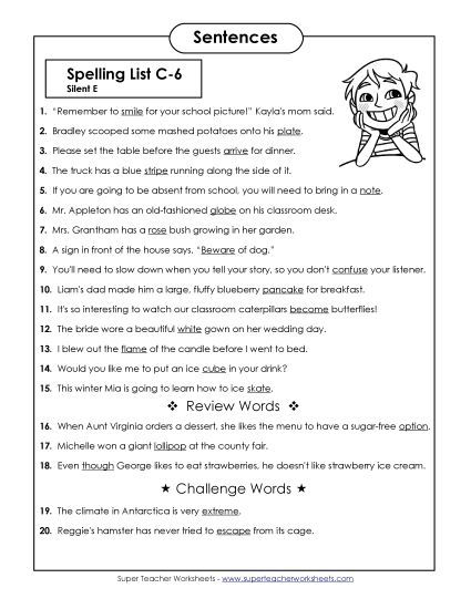 Spelling Test - Spelling Test Sentences (C-6)  (Printable PDF Worksheet)