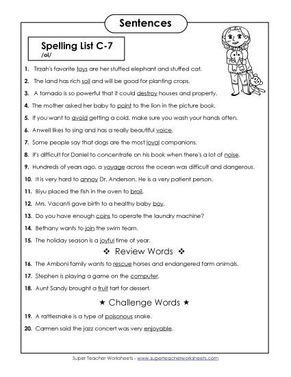 Spelling Test - Spelling Test Sentences (C-7) (Printable PDF Worksheet)