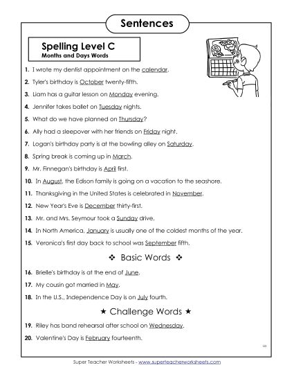 Spelling Test - Spelling Test Sentences (C-Months and Days)  (Printable PDF Worksheet)