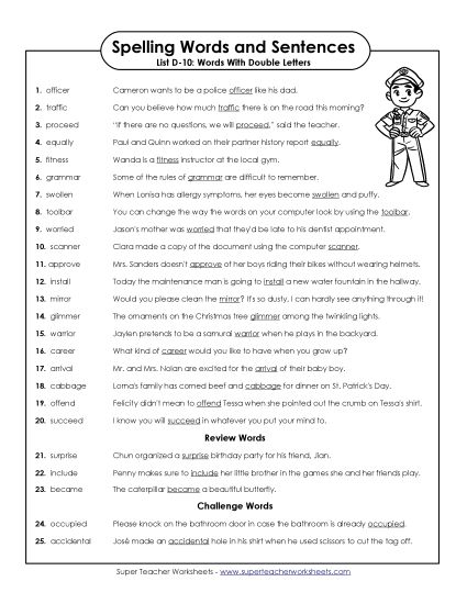 Spelling Test - Spelling Test Sentences (D-10) (Printable PDF Worksheet)