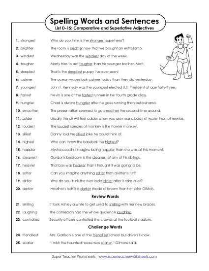 Spelling Test - Spelling Test Sentences (D-15) (Printable PDF Worksheet)