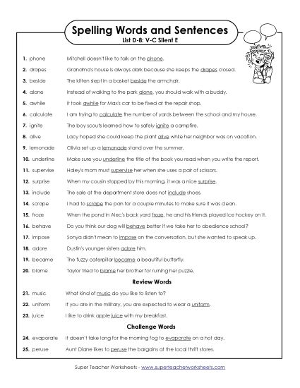 Spelling Test - Spelling Test Sentences (D-8) (Printable PDF Worksheet)