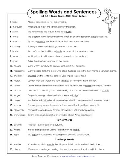 Spelling Test - Spelling Test Sentences (E-11) (Printable PDF Worksheet)