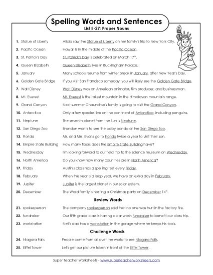 Spelling Test - Spelling Test Sentences (E-27)  (Printable PDF Worksheet)