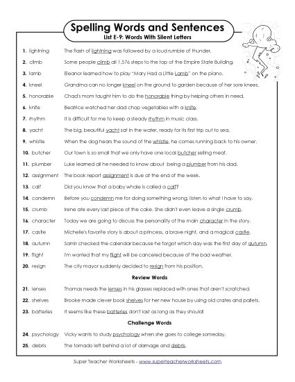 Spelling Test - Spelling Test Sentences (E-9) (Printable PDF Worksheet)