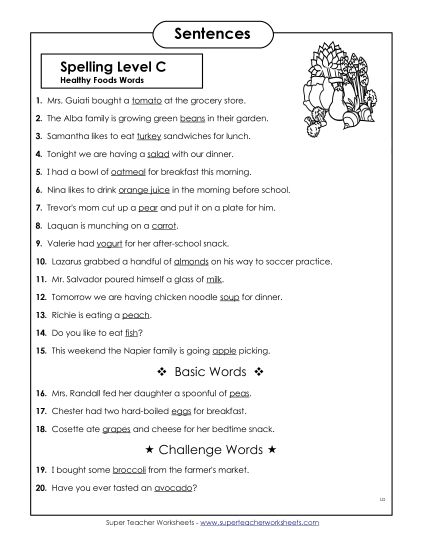 Spelling Test - Spelling Test Sentences (Healthy Foods)  (Printable PDF Worksheet)