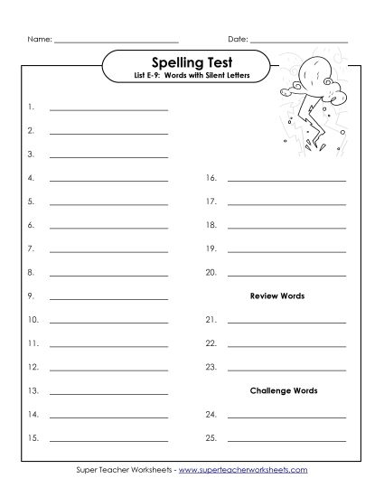 Spelling Test - Spelling Test Template (E-9) (Printable PDF Worksheet)