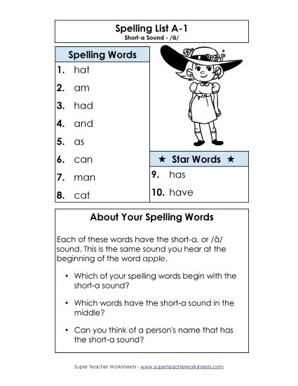Spelling List - Spelling Word List A-1 (Printable PDF Worksheet)