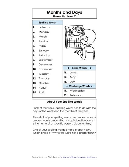 Spelling List - Spelling Word List (C-Months and Days)  (Printable PDF Worksheet)