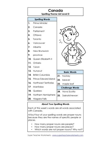 Spelling List - Spelling Word List (D-Canada Words)  (Printable PDF Worksheet)