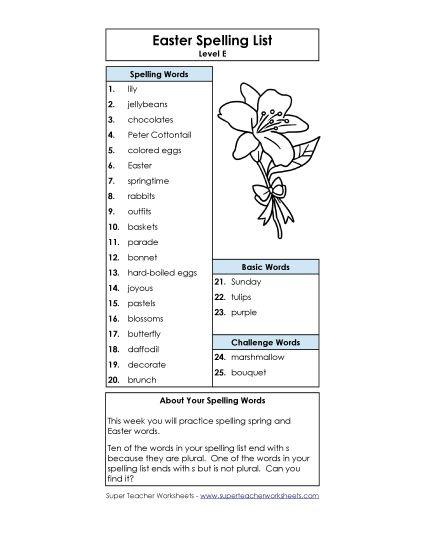 Spelling List - Spelling Word List (Easter) (Printable PDF Worksheet)