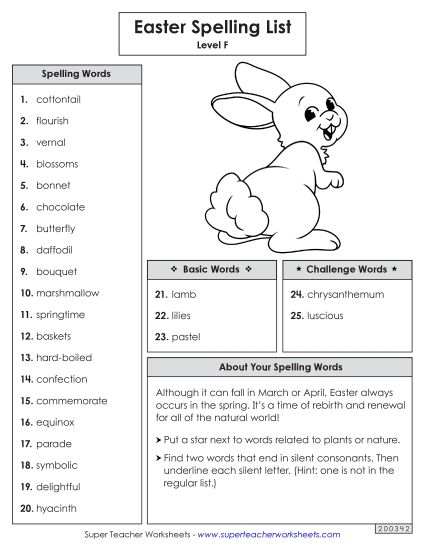 Spelling List - Spelling Word List (Easter)  (Printable PDF Worksheet)