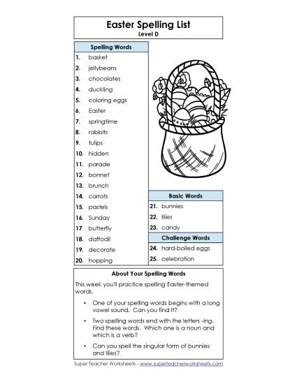 Spelling List - Spelling Word List Easter (D-Easter)  (Printable PDF Worksheet)