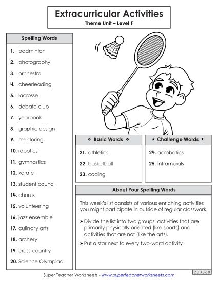 Spelling List - Spelling Word List (Extracurriculars) (Printable PDF Worksheet)