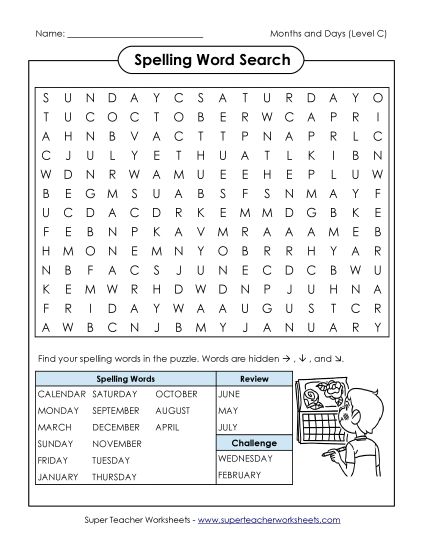 Worksheets and Activities - Spelling Word Search (C-Months and Days)  (Printable PDF Worksheet)