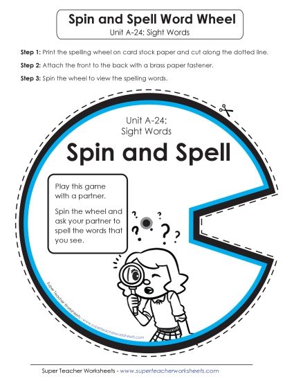 Flashcards, Word Wheel, and Slider - Spin and Spell (A-24) (Printable PDF Worksheet)