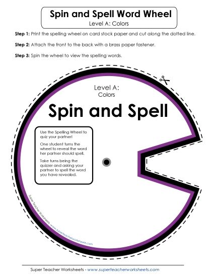 Flashcards, Word Wheel, and Slider - Spin and Spell (A-Color Words) (Printable PDF Worksheet)
