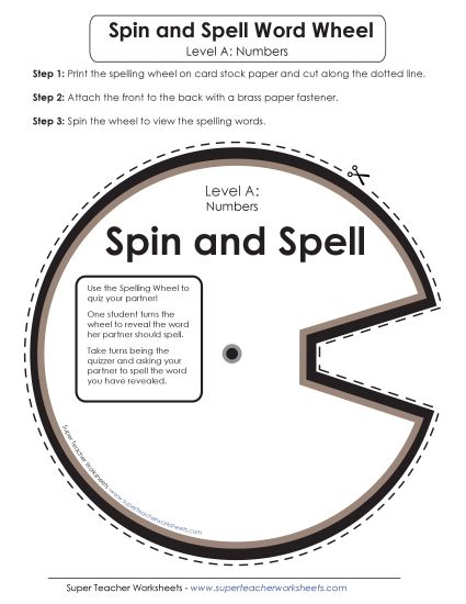 Flashcards, Word Wheel, and Slider - Spin and Spell (A-Number Words) (Printable PDF Worksheet)