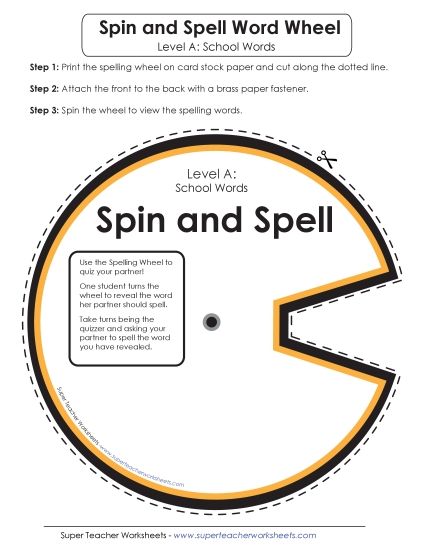 Flashcards, Word Wheel, and Slider - Spin and Spell (A-School Words) (Printable PDF Worksheet)