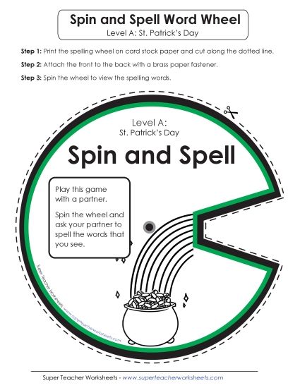 Flashcards and Word Wheel - Spin-and-Spell (A-St. Patrick's Day)  (Printable PDF Worksheet)