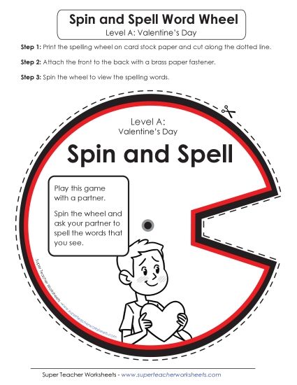 Flashcards and Word Wheel - Spin and Spell (A-Valentine's Day)  (Printable PDF Worksheet)
