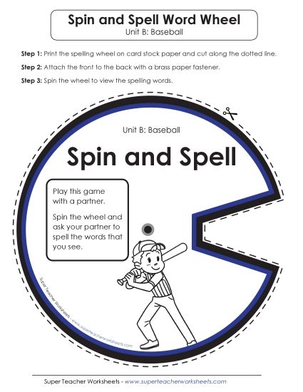 Flashcards, Word Wheel, and Slider - Spin and Spell (B-Baseball)  (Printable PDF Worksheet)