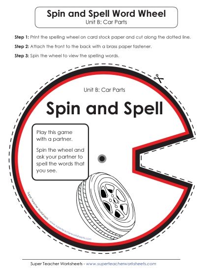 Flashcards, Word Wheel, and Slider - Spin and Spell (B-Car Parts)  (Printable PDF Worksheet)