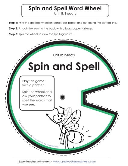 Flashcards, Word Wheel, and Slider - Spin and Spell (B-Insect Words)  (Printable PDF Worksheet)