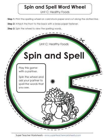 Flashcards and Word Wheel - Spin and Spell (C-Healthy Foods)  (Printable PDF Worksheet)
