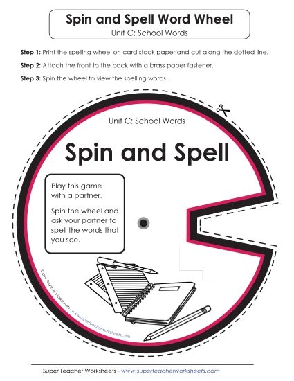 Flashcards and Word Wheel - Spin and Spell (C-School Words)  (Printable PDF Worksheet)