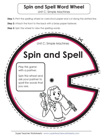Flashcards and Word Wheel - Spin and Spell (C-Simple Machines Words) (Printable PDF Worksheet)