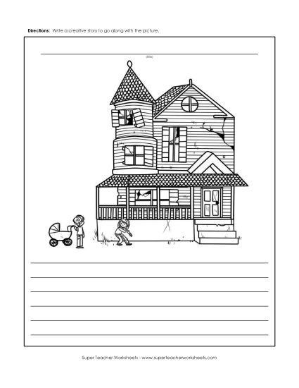 Halloween Writing Worksheets - Spooky House Kids Activity (Printable PDF Worksheet)