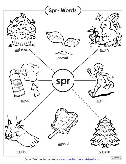 Phonics Blends and Digraphs - Spr- Words (Printable PDF Worksheet)