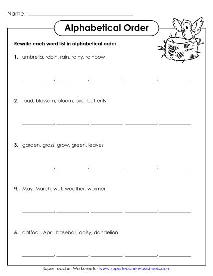 ABC Order - Spring ABC Order Activity - Intermediate (Printable PDF Worksheet)