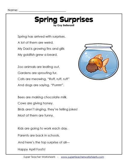 Reading Comprehension - Spring Surprises (Poem)  (Printable PDF Worksheet)