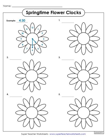 Reading Clocks: Nearest Half Hour - Springtime Flower Clocks (Printable PDF Worksheet)