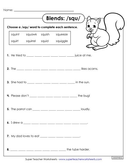Worksheets - Squ- Sentences (Printable PDF Worksheet)
