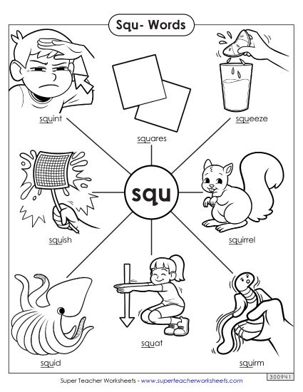 Phonics Blends and Digraphs - Squ- Words (Printable PDF Worksheet)