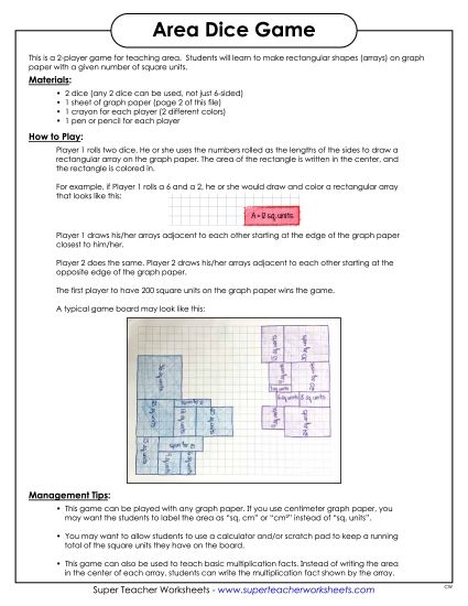 Area Games - Square Units: Dice Game (Printable PDF Worksheet)
