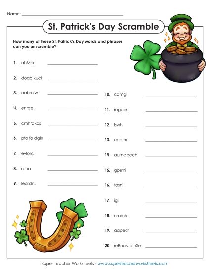Puzzles & Games - St. Patrick's Day Unscramble (Printable PDF Worksheet)