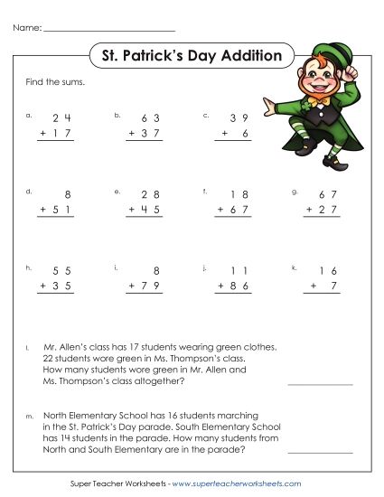 St. Pat's Addition - St. Patrick's Day 2-Digit Addition (Printable PDF Worksheet)