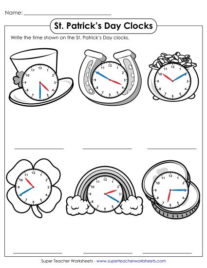 More St. Patrick's Day Math - St. Patrick's Day Clocks - Nearest 5 Minutes (Printable PDF Worksheet)