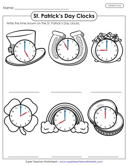 More St. Patrick's Day Math - St. Patrick's Day Clocks - Nearest Hour (Printable PDF Worksheet)