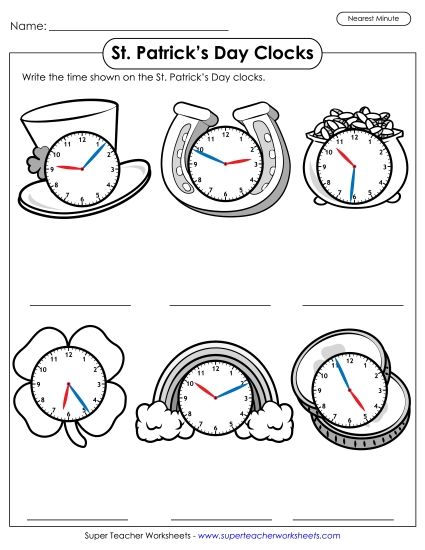 More St. Patrick's Day Math - St. Patrick's Day Clocks - Nearest Minute (Printable PDF Worksheet)