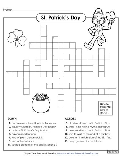 Puzzles & Games - St. Patrick's Day Crossword (Printable PDF Worksheet)