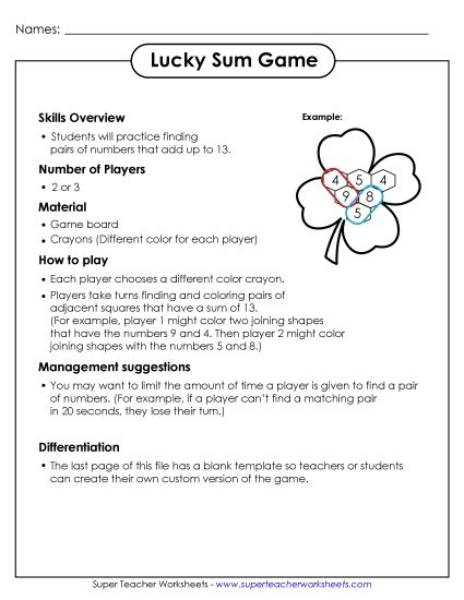 Holiday Sum Game - St. Patrick's Day Sum Game (Printable PDF Worksheet)